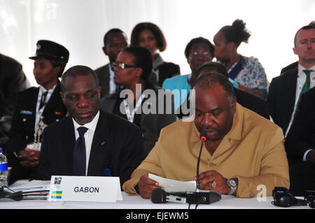 (150325)-- KASANE, 25 mars 2015 (Xinhua)-- Le Président Ali Bongo du Gabon(R) traite de la Kasane Conférence sur le commerce illicite d'espèces sauvages dans le nord-est du Botswana ville de Kasane, le 25 mars 2015. Des délégations de 35 pays et près de 20 organisations internationales ont assisté à la Conférence d'une journée à Kasane Kasane mercredi avec le but d'énoncer des engagements précis pour éliminer le marché des produits illicites de la faune sauvage, s'assurer des moyens de dissuasion efficaces et renforcer l'application des lois et le développement économique. (Xinhua/Lu Tianran)(l'azp) Banque D'Images