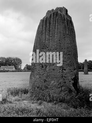 À la SE au les flèches du diable, Boroughbridge, Yorkshire du Nord, trois menhirs préhistoriques de millstone grit disposés en ligne N-S. Banque D'Images