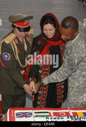 De gauche à droite, le brigadier de l'Armée nationale afghane. Le général Khatool Mohammadzai, Dr Husn Banu Ghazanfar, du ministère des Affaires étrangères ; et U.S. Army Brig. Le général Rodney Anderson, le commandant général adjoint - Soutien de la Force Opérationnelle Interarmées-82, couper un gâteau au cours d'une célébration de la journée internationale de la femme sur la base aérienne de Bagram, en Afghanistan, le 3 mars 2008. Le sergent-chef. Demetrius Lester, U.S. Air Force. Banque D'Images