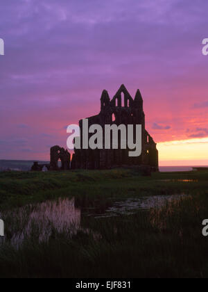 Silhouette de ruines l'abbaye de Whitby, North Yorkshire, à la NW au crépuscule ; demeure de Norman abbaye bénédictine reconstruite au début de 1220 de style anglais Banque D'Images