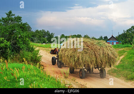 Paysage rural - tracteur passe sur chemin de sable avec remorque chargée de foin. Banque D'Images