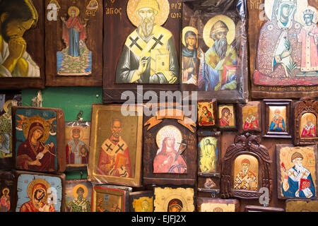 L'art religieux orthodoxe grec d'icônes dans la boutique Shop à Kerkyra, Corfou, Grèce Banque D'Images
