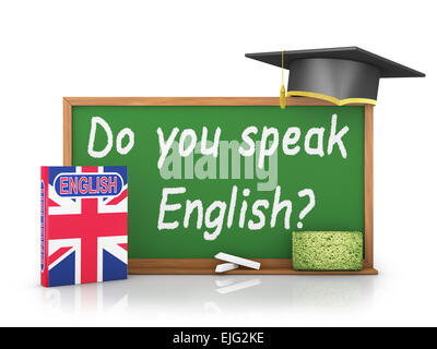 Livre en anglais avec un drapeau et un tableau sur lequel est écrit - parlez-vous français ? Banque D'Images