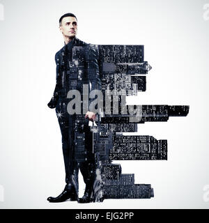 Double exposition d'une ville et professionnels businessman standing on white background Banque D'Images