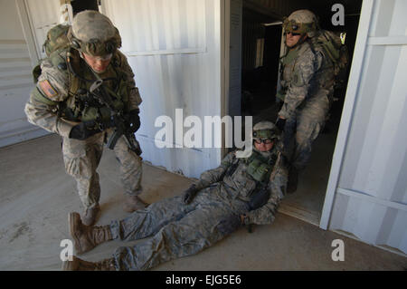 Les soldats de l'Armée américaine à partir de la Compagnie Alpha, 1er Bataillon, 5e Régiment d'infanterie, 1ère Brigade, 25e Division d'infanterie, coéquipiers à extraire médicalement pendant l'exercice de sécurité au sabre Talisman d'entraînement de Shoalwater Bay, Australie, le 28 juin 2007. L'exercice est conçu pour former les forces australiennes et américaines dans la planification et la conduite des opérations de la force opérationnelle combinée, qui permettront d'améliorer la préparation au combat et l'interopérabilité. Spécialiste de la communication de masse 2e classe Sandra M. Palumbo Banque D'Images