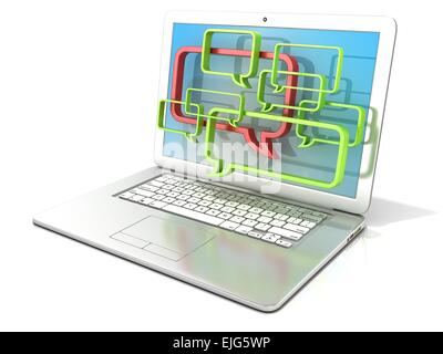 Ordinateur portable avec les bulles. Le rendu 3D - concept de blogs et forums internet communications. Isolé sur fond blanc Banque D'Images