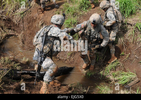 Des soldats de la 3e Brigade Combat Team, 25e Division d'infanterie, participer au Rumble 'Bronco' 1-14 mai à Schofield Barracks, à Hawaï. Bronco Rumble est l'échelon de l'entreprise combinée arms exercice de tir réel mis à développer les chefs et les soldats avec la pensée critique et des compétences tactiques, tout en restant prête à soutenir la mission de l'armée dans le Pacifique. Bronco Rumble augmentera les l'interopérabilité avec nos partenaires du Pacifique tout en maintenant la préparation au combat. Banque D'Images