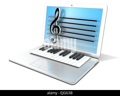 Ordinateur portable avec clavier de piano. Le rendu 3D - concept de l'ordinateur, création numérique de la musique. Isolé sur fond blanc Banque D'Images