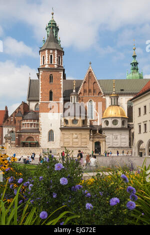 Vue sur le Château Royal de Wawel et la Cathédrale sur la colline de Wawel avec fleurs en premier plan, Cracovie, Pologne en septembre Banque D'Images