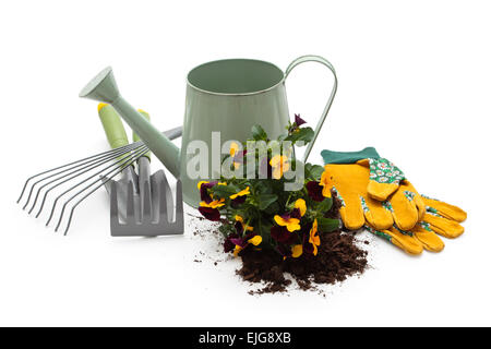 Arrosoir, fleurs, gants de protection et d'équipement de jardinage. Isolé sur fond blanc. Banque D'Images