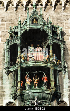 Détail de l'Glockenspiel, nouvel hôtel de ville, La Place Marienplatz, Munich, Haute-Bavière, Allemagne, Europe. Banque D'Images