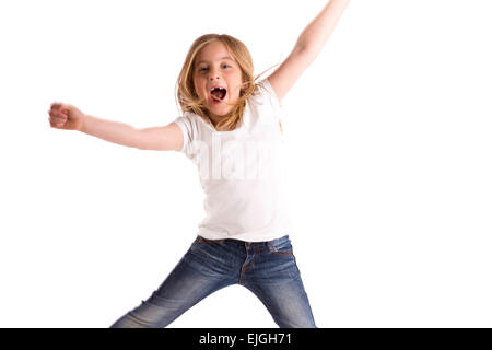 Kid girl blonde haut vent saut en retrait sur des cheveux denim jeans à fond blanc Banque D'Images