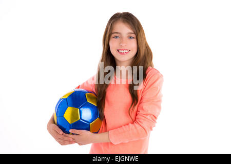 Football soccer kid fille heureux joueur avec ballon sur fond blanc Banque D'Images