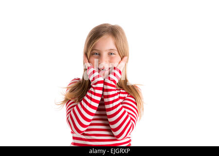 Kid girl blonde en retrait ouvrir mounth et mains geste heureuse expression on white Banque D'Images