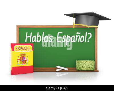 Livre d'espagnol avec un drapeau et un tableau sur lequel est écrit - parlez-vous en espagnol ? Banque D'Images