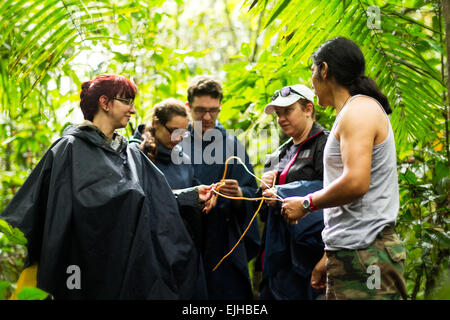 Locaux de naturalistes Guid avec groupe de touriste à la réserve faunique de Cuyabeno Equateur Banque D'Images