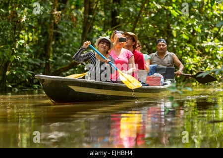 Bateau de tourisme Naviguer sur l'eau trouble Amazon dans la réserve faunique de Cuyabeno Banque D'Images