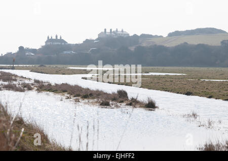 Vue en direction de la fameuse coastguard cottages at Cuckmere Haven dans l'East Sussex Banque D'Images