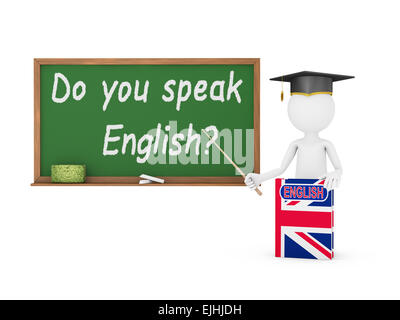 L'homme, livre en anglais avec un drapeau et un tableau sur lequel est écrit - parlez-vous français ? Banque D'Images
