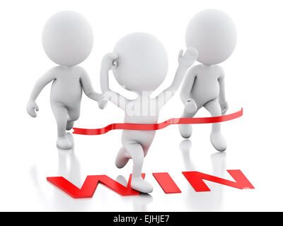 Image 3d. White personnes franchissent la ligne d'arrivée. Concept de succès. Isolé sur fond blanc Banque D'Images