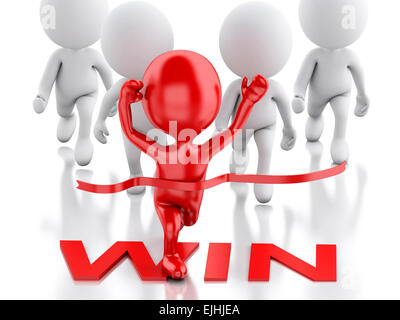 Image 3d. Red personnes franchissent la ligne d'arrivée. Concept de succès. Isolé sur fond blanc Banque D'Images