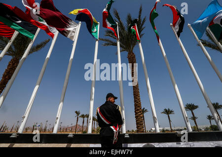 Charm el-Cheikh, en Egypte. Mar 27, 2015. Un policier égyptien monte la garde en face de drapeaux des pays membres de la Ligue arabe à l'extérieur du centre de conférence à Charm el-Cheikh, Egypte, le 27 mars 2015. Le sommet de la Ligue Arabe se tiendra à Charm el-Cheikh du 28 mars au 29. Credit : Cui Xinyu/Xinhua/Alamy Live News Banque D'Images