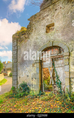 Vieille maison abandonnée dans un village avec porte cassée et les plantes à l'intérieur, France, groving Bretagne Banque D'Images