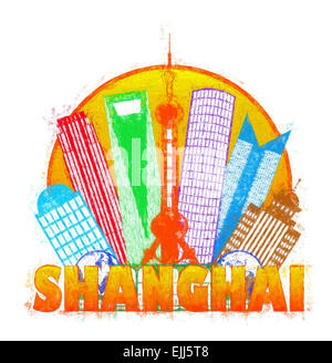 Shanghai China City Skyline Contours Silhouette en cercle couleur isolé sur fond blanc Illustration impressionniste Banque D'Images