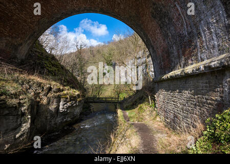 Vieux pont de chemin de fer sur le sentier Monsal sur la rivière Wye dans Chee Dale, Derbyshire. Chemin à côté de la rivière. Banque D'Images