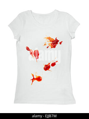 Close up sur les taches de ketchup t shirt blanc Banque D'Images