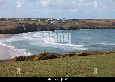 Vue sur plage de Crantock à West Pentire, Newquay, Cornwall, UK le 25 mars 2015. Banque D'Images