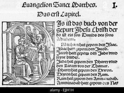 Début de l'Évangile de Matthieu dans la région de Luther, 1522 traduction allemande du Nouveau Testament Banque D'Images
