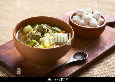 Soupe traditionnelle bolivienne appelée Chairo de Tunta (tunta est une typique pommes de terre lyophilisées dans les régions andines) Banque D'Images