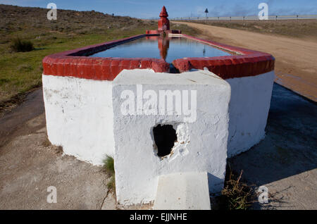 Fontaine bassin rural et avec des conteneurs pour des fins d'élevage en agriculture, Espagne Banque D'Images