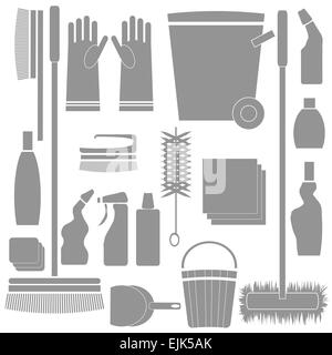 Illustration colorée avec des outils de nettoyage silhouettes sur fond blanc Banque D'Images