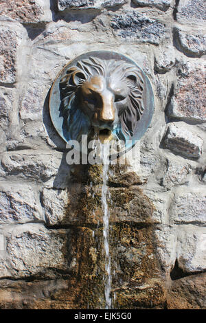 Robinet de la rue avec une tête de lion avec un flux d'eau douce qui s'en bouche. Fontaine d'eau Lion sculpture dans Khakiv. U Banque D'Images