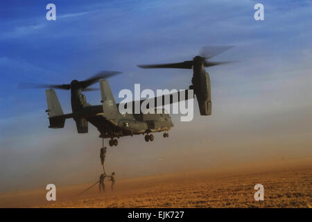 Les soldats de l'armée américaine avec la Compagnie Alpha, 4e Bataillon, 10e Groupe des forces spéciales de descendre en rappel d'un CV-22 Osprey avion à rotors basculants lors de l'exercice Emerald Warrior 2011 à Cannon Air Force Base, N.M., le 1 mars 2011. Emerald Warrior est un cadre commun/exercice tactique combinée parrainé par U.S. Special Operations Command conçu pour tirer parti des enseignements tirés des opérations Enduring Freedom et l'Iraq de fournir formés et prêts pour les commandants de combat des forces canadiennes. Tech. Le Sgt. DeNoris Monkeybone, U.S. Air Force. Publié Banque D'Images