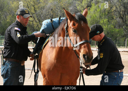 Le Sgt de maréchaux-ferrants. Jon Husby, gauche, et le Cpl. John Slatton, Fort Carson Canada Color Guard, retirer le Sgt. 1st. Selle de Possum classe lors d'une cérémonie de la retraite pour le cheval à Turkey Creek Ranch 11 mai. Fort Carson sous-officiers prennent leur retraite / spécial-news/2009/05/20/21370-fort-carson-special-sous-officiers-retraite/index.html Banque D'Images