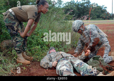 Au cours des combats Gareautrain CLS Cours tenue à Wheeler Army Airfield, les élèves doivent réagir aux urgences médicales en situation de combat. La CPS. Jessica Hayes, un infirmier de combat VRD 2-6 CAV simule une situation de combat pour la CPS. Igor Rodriguez, Co. 3-25 AVN, qui fournit des soins médicaux pour un patient blessé. Le Sgt. Bryanna Poulin 25e Brigade d'aviation de combat des affaires publiques Banque D'Images