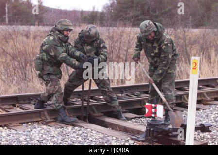 Les membres de la compagnie de transport, un 1150th unité de réserve à Fort Sheridan, Illinois, réparer un interrupteur de fer et travailler sur la réparation de la piste après un wagon a déraillé au Fort McCoy, Wisconsin (Etats-Unis) Des soldats de gauche à droite sont CIRCUIT Jaďr, Mendoza, SPC Emilio Arizaga ET LE SGT Otis Emerson. Les travaux comprenaient l'utilisation d'une CPS Emilio Arizaga meuleuse air pour réparer l'interrupteur., officiel : ROB SCHUETTE, CIV, TSC, FORT MCCOY , FORT MCCOY, Wisconsin, United States : entré dans le système : le 01/04/2005 Photographe : ROB SCHUETTE, CIV TSC, FORT MCCOY VIRIN : 030319-A-3438S-004 Banque D'Images