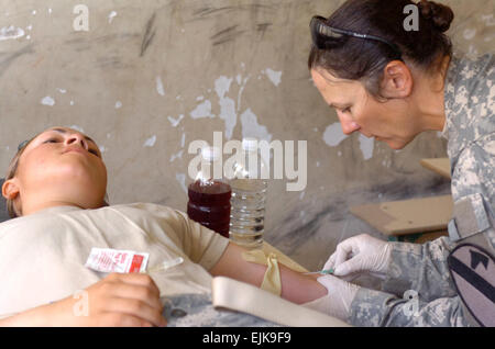 Le sergent de l'armée américaine. Lori Naifeh administre un IV à un soldat déshydraté pendant des activités médicales à Hor Al Bosh, l'Iraq, le 15 juillet 2007. Naifeh est un medic avec le 115e Bataillon de soutien de la Brigade du Camp Taji. Le Sgt. Rachel M. Ahner publié Banque D'Images