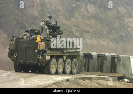 Les soldats de l'Armée américaine à bord d'un M1126 Stryker véhicule porteur d'infanterie de la Compagnie Alpha, 1er Bataillon, 27e Régiment d'infanterie se préparer au feu son .50-mitrailleuse lourde de calibre lors des exercices de tir réel au complexe gamme Rodriguez, Corée du Sud, dans le cadre de l'exercice la réception, la mise en scène, poursuivre leur migration, et d'intégration / Foal Eagle 2007 Mars 22, 2007. Le but de cet exercice est de montrer sa détermination à soutenir la République de Corée Corée contre les agressions extérieures tout en améliorant la Corée et les États-Unis et de préparation au combat / mixte l'interopérabilité interalliées. L'objectif de l'exercice est stratégique, sur Opera Banque D'Images