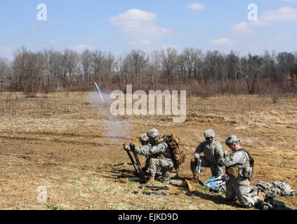 Des soldats affectés aux pays fournisseurs C, 1er Escadron, 33e Régiment de cavalerie, 3e Brigade Combat Team", "Rakkasans 101st Airborne Division Air Assault, le feu des mortiers de 60 mm au cours d'un exercice de tir réel 23 Mars. L'exercice consistait à l'infanterie, l'artillerie et les avions venant ensemble comme un seul pour détruire des cibles sur la plage. Le Sgt. Brian Smith-Dutton 3BCT Affaires Publiques Banque D'Images