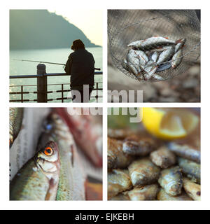 Poissons et fisher man sur un collage Banque D'Images