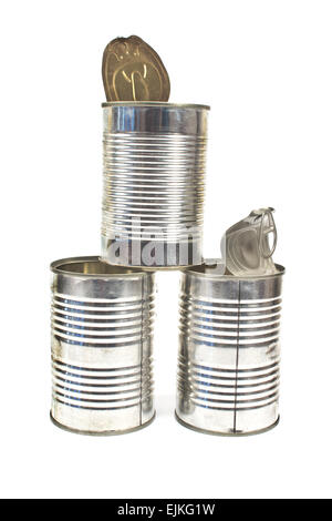 Trois ouvrez empty tin can isolated on white Banque D'Images