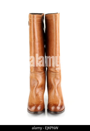 Bottes femme marron isolé sur fond blanc Banque D'Images