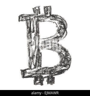 Bitcoin noir, symbole d'un dessin fait main crypto décentralisée numérique monnaie, lettre B sur fond blanc. Banque D'Images