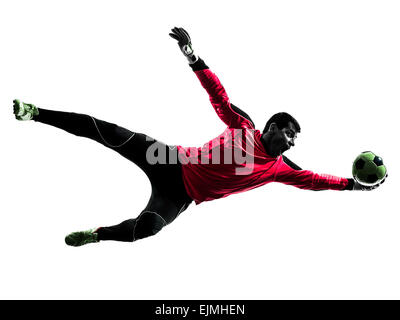 Un joueur de foot ball rattrapage homme gardien en silhouette isolé sur fond blanc Banque D'Images