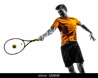 Un homme tennis player portrait en silhouette sur fond blanc Banque D'Images