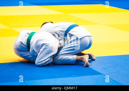 , Région d'Orenbourg, en Russie, le 29 novembre, 2014 année. Championnat de judo chez les juniors et les filles. Le judoka de fille Banque D'Images